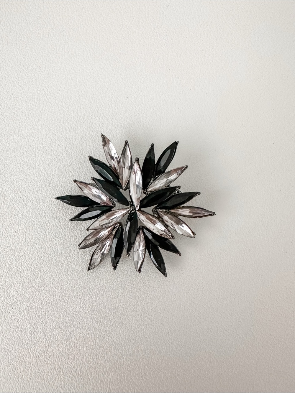 Vintage Sparkling Black and Silver Marquise Flower Brooch
